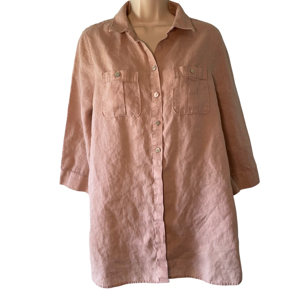Chicos No Iron Linen Button Down Tunic Shirt Size 1 (US 8) No Iron Beige Natural